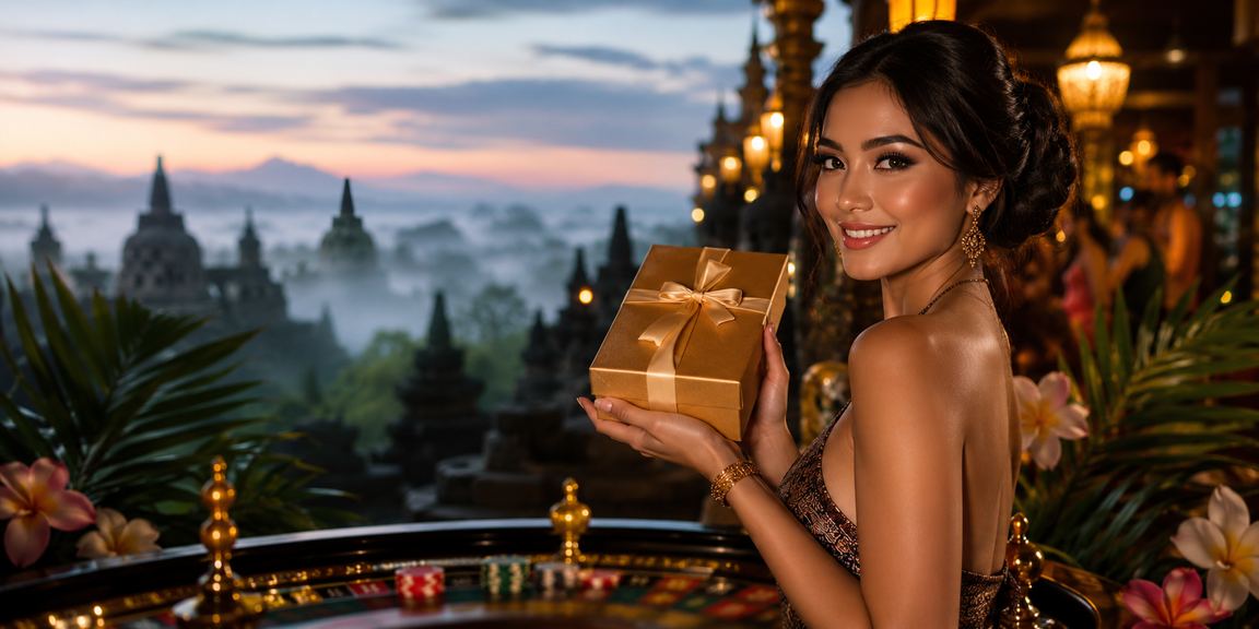 Model cantik berpose di depan layar kasino dengan suasana modern dan glamor